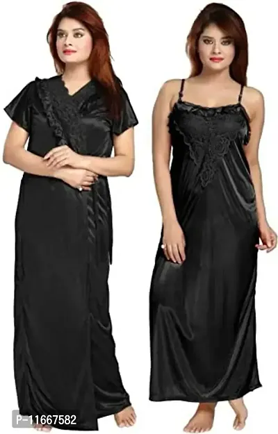 Cotovia Women's Satin Solid Nightwear Set Pack of 2 (BUF-NIGHTY-325_Magenta_Free Size) (Free Size, Black)