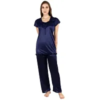 Cotovia Stylish Satin Solid Top and Pajama Set for Women and Girls (Free Size, Blue)-thumb2