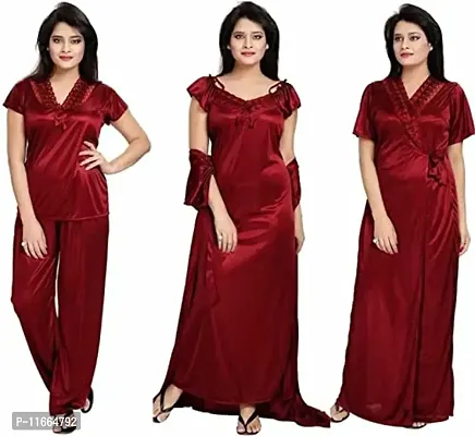 Cotovia Women's Satin Plain/Solid Nightwear Set Pack of 4 (Free Size, Maroon)-thumb0