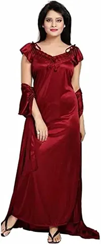 Cotovia Women's Satin Plain/Solid Nightwear Set Pack of 4 (Free Size, Maroon)-thumb2