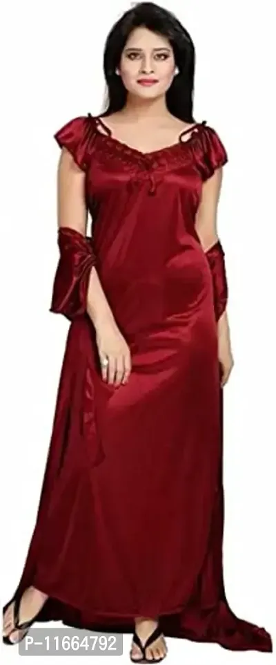 Cotovia Women's Satin Plain/Solid Nightwear Set Pack of 4 (Free Size, Maroon)-thumb3