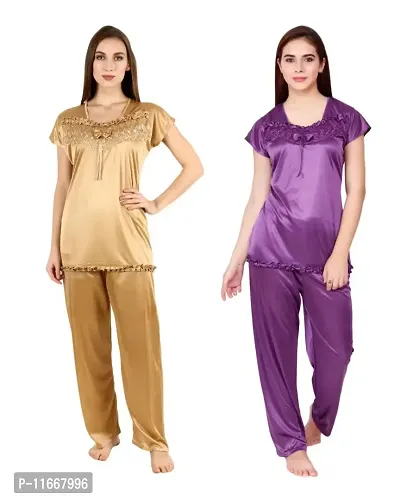 Cotovia Women's Satin Plain/Solid Night Suit Set Pack of 2 Combo Set (Large, Golden and Purple)