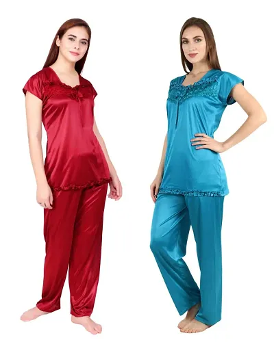 Cotovia Womens Satin Night Suit Combo Set Of 2