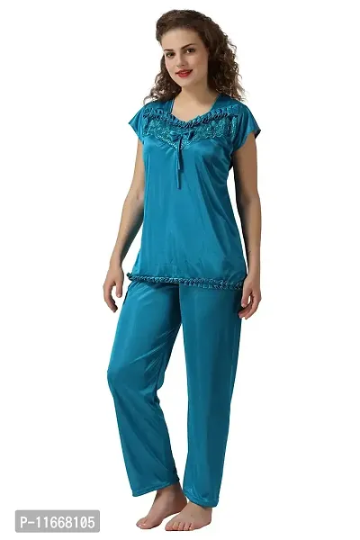 Cotovia Women's Satin Solid Pyjama Set Pack of 1 (Free Size, Light Blue)