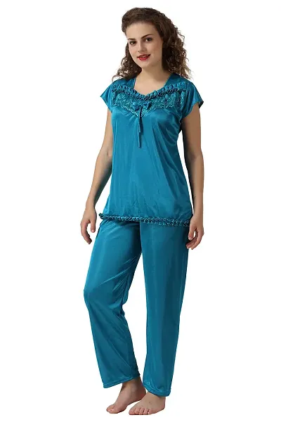 Cotovia Women's Satin Solid Pyjama Set Pack of 1 (Free Size, Light Blue)