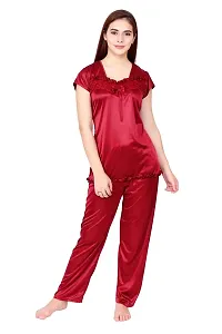 Cotovia Women's Satin Plain/Solid Top and Pyjama Set Pack of 1 (Medium, Maroon)-thumb1