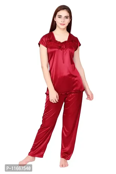 Cotovia Women's Satin Plain/Solid Top and Pyjama Set Pack of 1 (Medium, Maroon)-thumb2