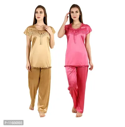 Cotovia Women's Satin Solid Top And Pajama Set Night Dress Pack Of 2 (C-PS-COMBO_Green, Gold And Pink_Free Size)