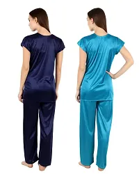 Cotovia Women's Satin Night Suit Combo Set (Free Size, Blue and Light Blue)-thumb1