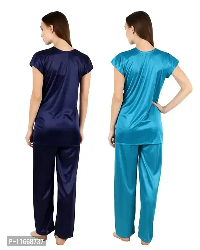 Cotovia Women's Satin Night Suit Combo Set (Free Size, Blue and Light Blue)-thumb2