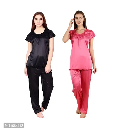 Cotovia Stylish Satin Women?s Latest Free Size Top and Pajama Set Night Dress for Women/Girls Combo (Pack of 2) (Black & Pink)-thumb0