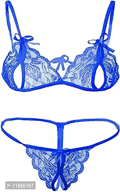 Cotovia Bra & Panty Set Self Design Lingerie Set (Free Size, Royale Blue)-thumb0