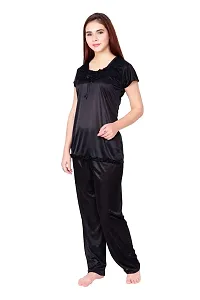 Cotovia Women's Satin Plain/Solid Top and Pyjama Set Pack of 1 (Large, Black)-thumb2