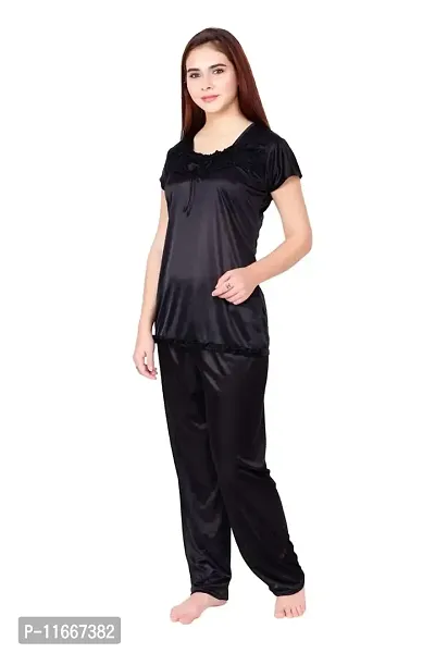 Cotovia Women's Satin Plain/Solid Top and Pyjama Set Pack of 1 (Large, Black)-thumb3