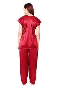 Cotovia Women's Satin Plain/Solid Top and Pyjama Set Pack of 1 (Medium, Maroon)-thumb2