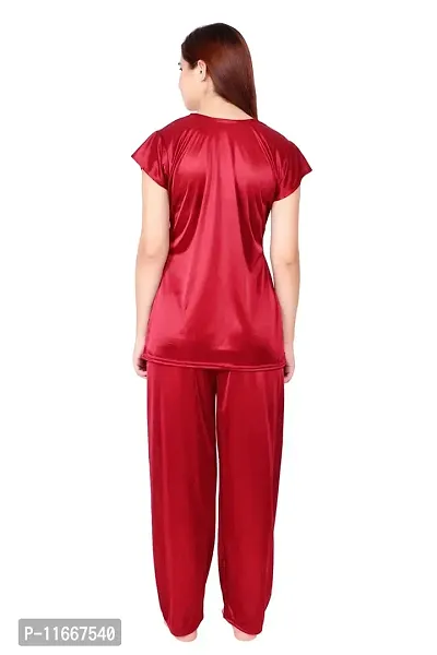 Cotovia Women's Satin Plain/Solid Top and Pyjama Set Pack of 1 (Medium, Maroon)-thumb3