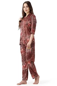 Cotovia Pants Women's Silk Satin Animal Print Night Suit. (M, Red Multicolor)-thumb2