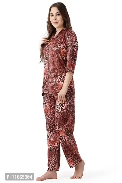 Cotovia Pants Women's Silk Satin Animal Print Night Suit. (M, Red Multicolor)-thumb3