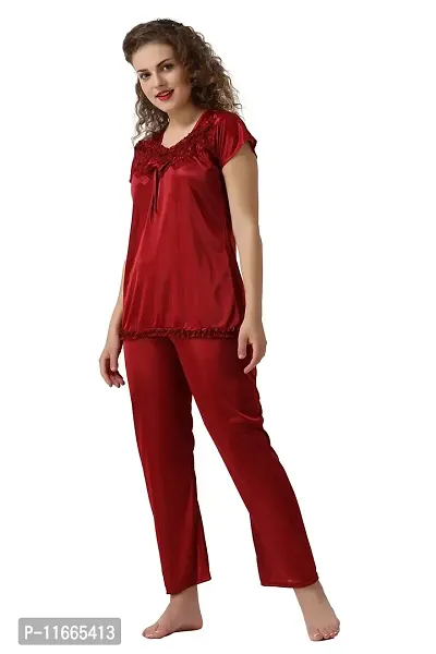 Cotovia Women's Satin Solid Pyjama Set Pack of 1 (Free Size, Maroon)-thumb0