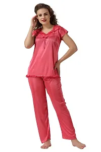 Cotovia Women's Satin Solid Pyjama Set Pack of 1 (Free Size, Pink)-thumb2