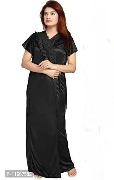 Cotovia Women's Satin Solid Nightwear Set Pack of 2 (BUF-NIGHTY-325_Magenta_Free Size) (Free Size, Black)-thumb3