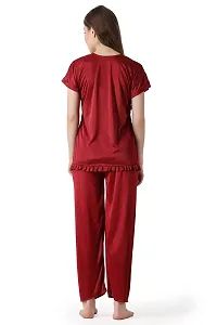 Cotovia Women's Plain Satin Night Suit (Top and Pyjama) (L, Maroon)-thumb1