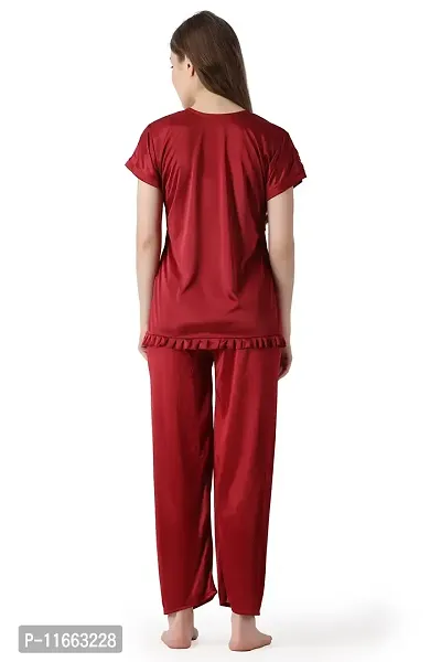 Cotovia Women's Plain Satin Night Suit (Top and Pyjama) (L, Maroon)-thumb2