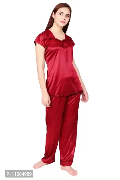 Cotovia Women's Satin Plain/Solid Top and Pyjama Set Pack of 1 (Free Size, Maroon)