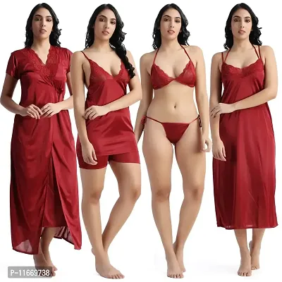 Cotovia Girl's Satin Solid Nightwear Set Pack of 4 (Free Size, Maroon 2)