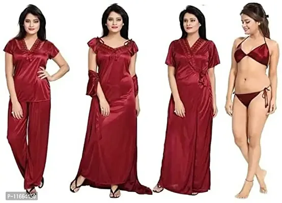 Cotovia Girl's Satin Solid Nightwear Set Pack of 4 (Free Size, Maroon)