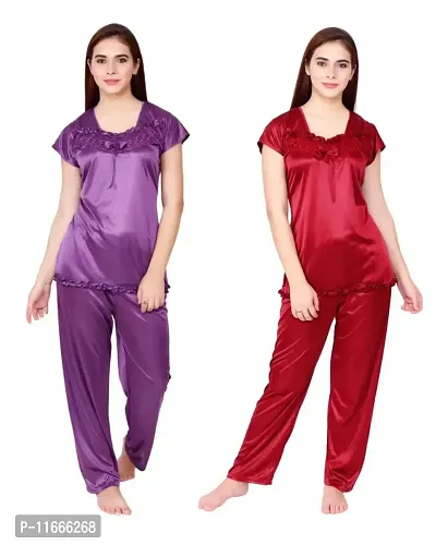 Cotovia Women's Satin Night Suit Combo Set (Free Size, Purple and Maroon)