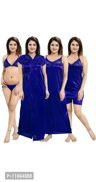 Cotovia Girl's Satin Solid Nightwear Set Pack of 4 (Free Size, Royale Blue)