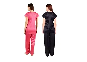 Cotovia Stylish Satin Women?s Latest Free Size Top and Pajama Set Night Dress for Women/Girls Combo (Pack of 2) (Black & Pink)-thumb2
