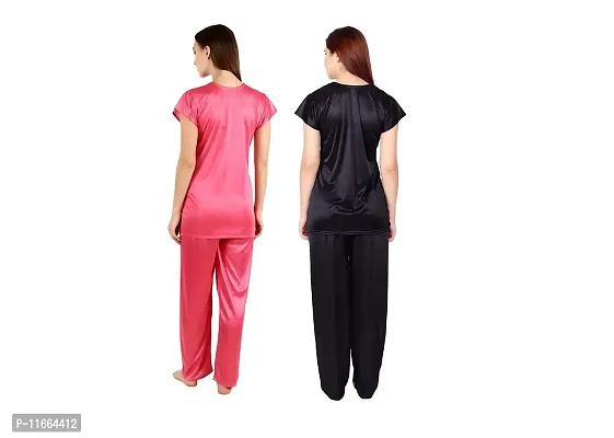 Cotovia Stylish Satin Women?s Latest Free Size Top and Pajama Set Night Dress for Women/Girls Combo (Pack of 2) (Black & Pink)-thumb3