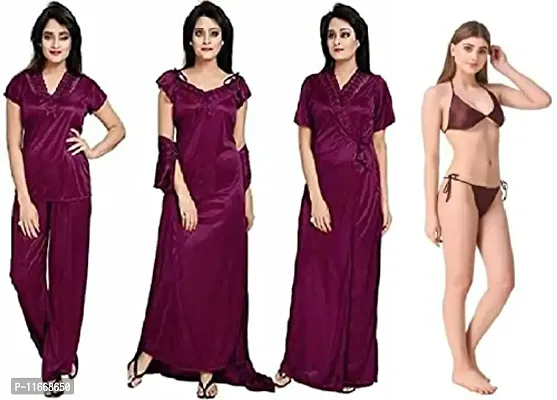Cotovia Girl's Satin Solid Nightwear Set Pack of 4 (Free Size, Wine)