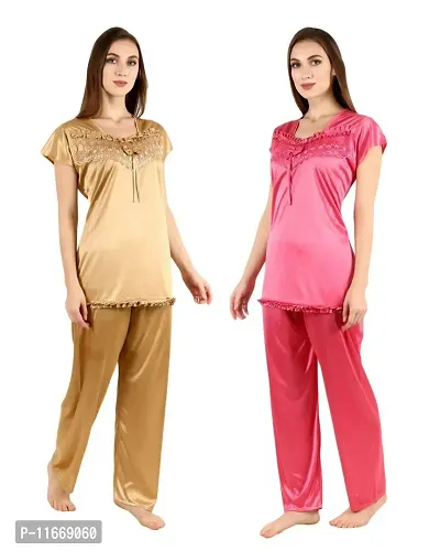 Cotovia Women's Satin Night Suit Combo Set (Large, Golden and Pink)-thumb0