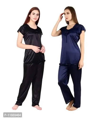Cotovia Women's Satin Night Suit Combo Set (Medium, Black and Blue)