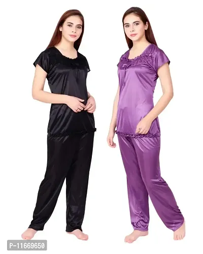 Cotovia Women's Satin Plain/Solid Night Suit Set Pack of 2 Combo Set (Medium, Black and Purple)