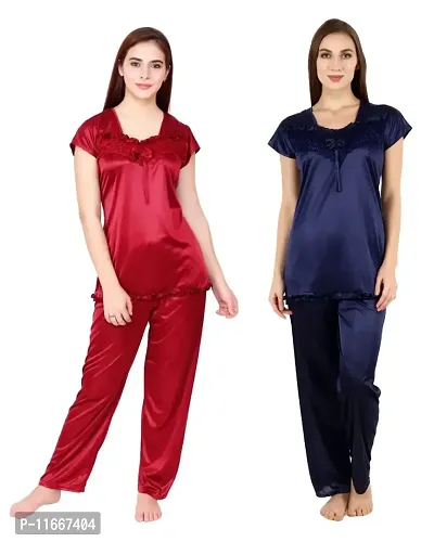 Cotovia Women's Satin Night Suit Combo Set (Free Size, Maroon and Blue)