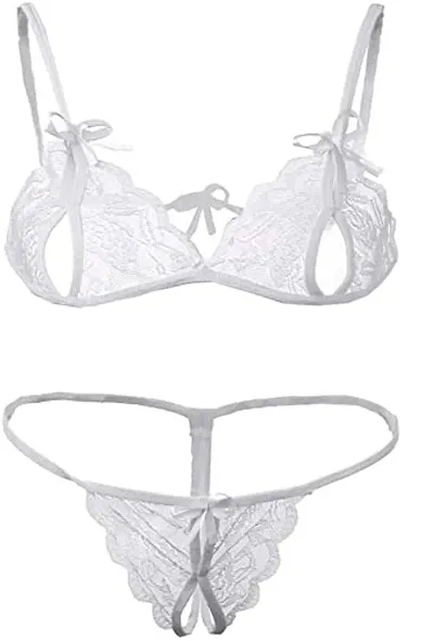 EKIN Latest Women's Silk & Georgette Baby Doll Bra & Panty Set Embroidered Lingerie Set (White)