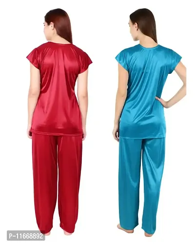 Cotovia Women's Satin Night Suit Combo Set (Free Size, Maroon and Light Blue)-thumb2