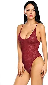 Cotovia Net Printed Above Knee Babydoll Lingerie Night Dress for Women (Free Size, Maroon)-thumb2
