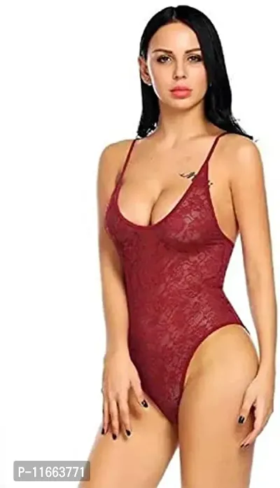 Cotovia Net Printed Above Knee Babydoll Lingerie Night Dress for Women (Free Size, Maroon)-thumb3