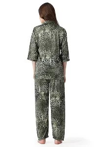 Cotovia Pants Women's Silk Satin Animal Print Night Suit. (M, Green Multicolor)-thumb1