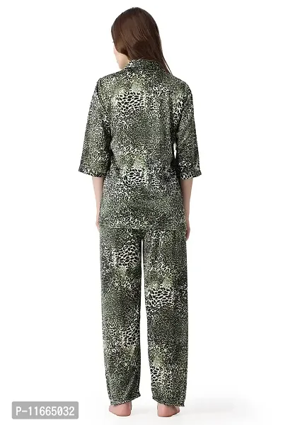 Cotovia Pants Women's Silk Satin Animal Print Night Suit. (M, Green Multicolor)-thumb2