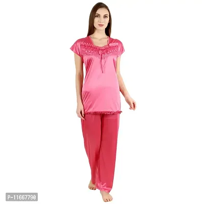 Cotovia Women's Satin Plain/Solid Top and Pyjama Set Pack of 1 (Pink)-thumb0