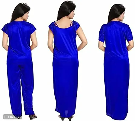 Cotovia Women's Satin Plain/Solid Nightwear Set Pack of 4 (Free Size, Blue)-thumb3