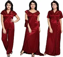 Cotovia Girl's Satin Solid Nightwear Set Pack of 4 (Free Size, Maroon)-thumb4