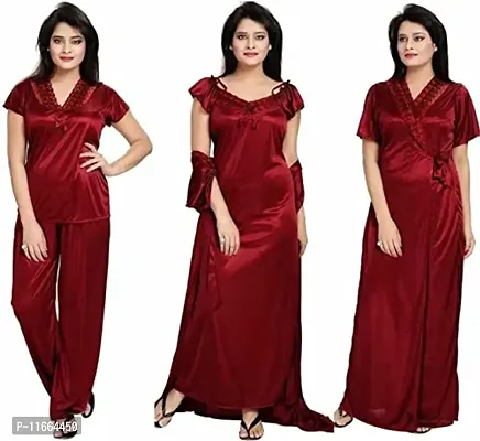 Cotovia Girl's Satin Solid Nightwear Set Pack of 4 (Free Size, Maroon)-thumb5