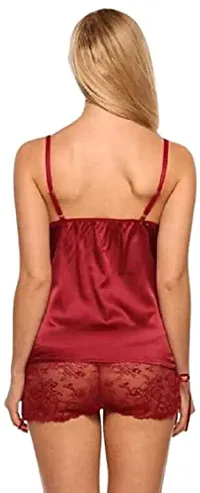 Cotovia Women's Satin Embellished Babydoll Nightwear Lingerie Set Pack of 1 (Free Size, Maroon)-thumb1